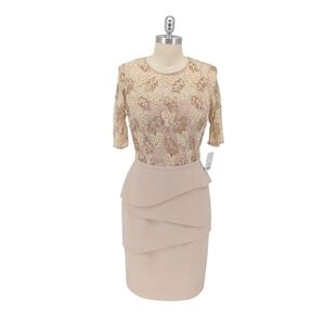 Rickie Freeman Teri Jon Lace Beaded Sheath Dress Cream 6 wedding evening cocktai